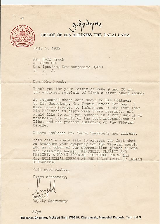 Letter from the Office of His Holiness The Dalia Lama regarding J.Crow's® Tibet Stamp Reprints